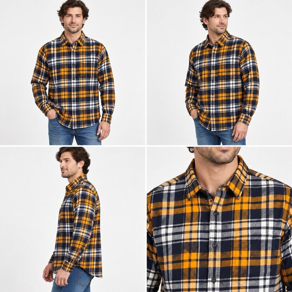American Eagle Flannel Shirt Mens Large Orange Navy Plaid Classic Fit Button Up